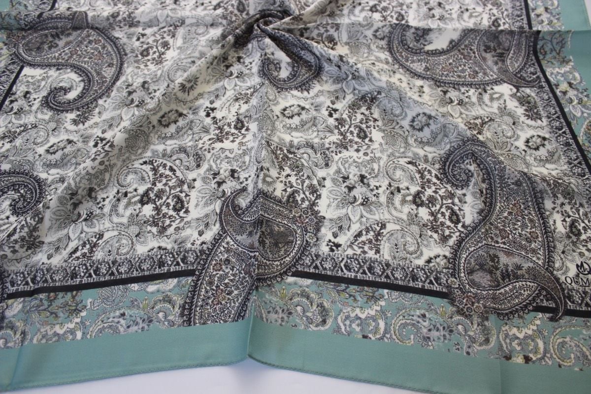 Vintage Desenli Pamuk Eşarp - Su Yeşili