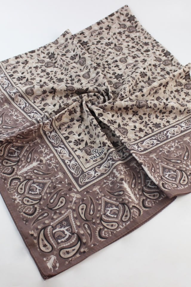 120x120 Etnik Desenli Pamuklu Çiçek Eşarp - Vizon