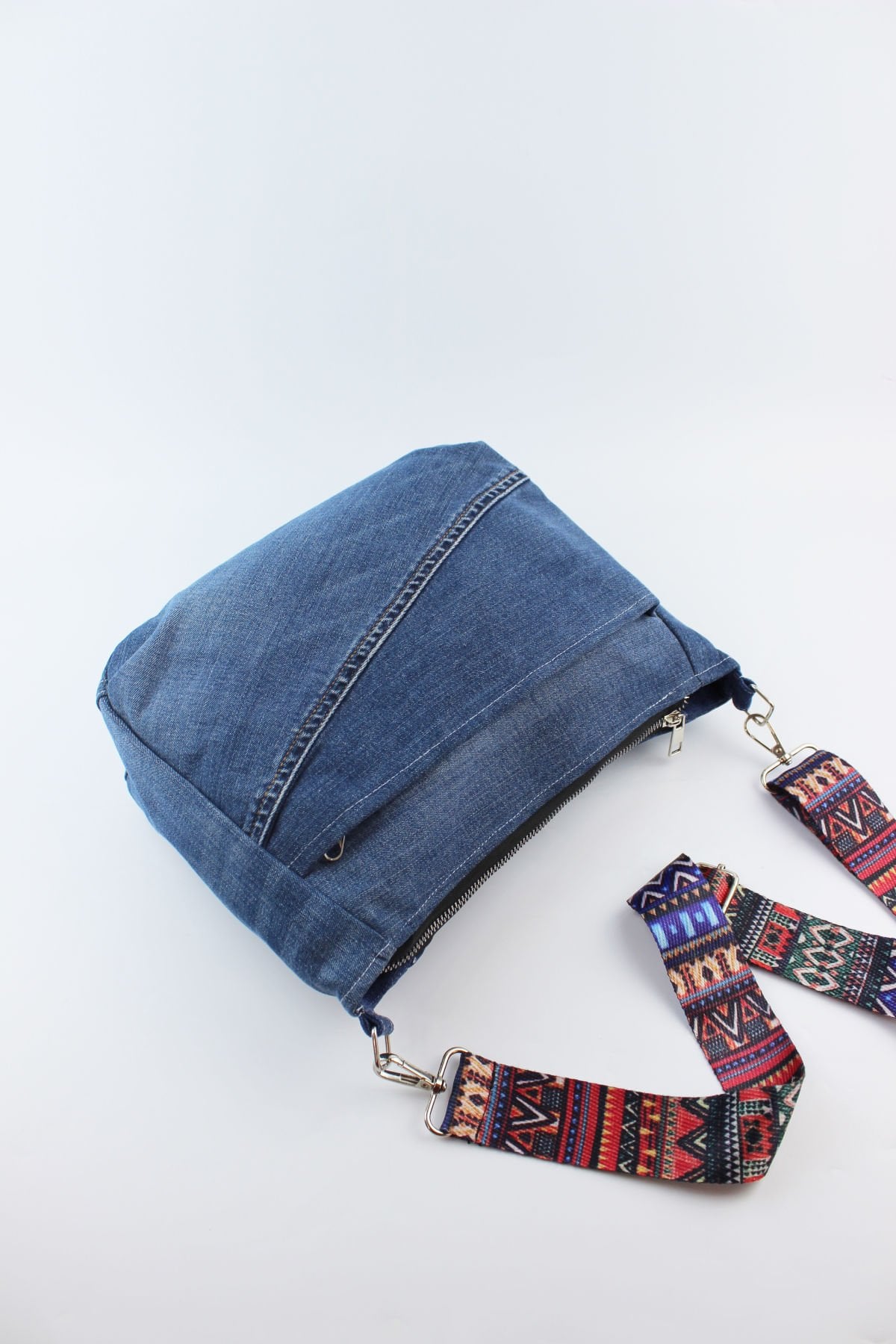 Düz Renk Kot Kumaş Fermuar Kapamalı Mavi Kadın Orta Boy Çapraz Omuz Çantası 28x22x9 Cm