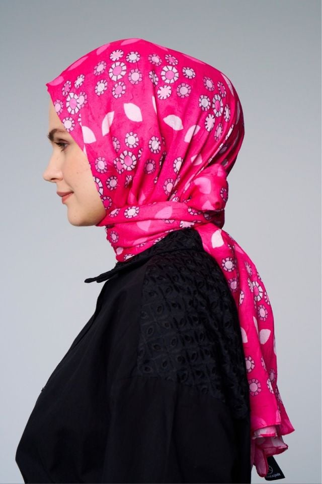 Damla Çiçek Desen Bambu Şal - Fuşya