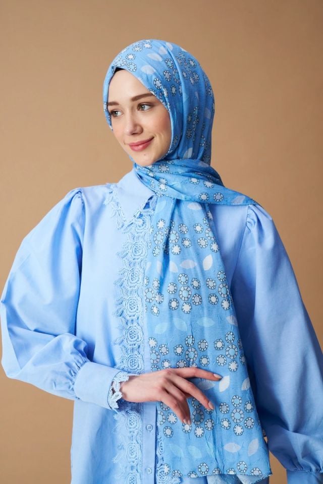Damla Çiçek Desen Bambu Şal - Mavi