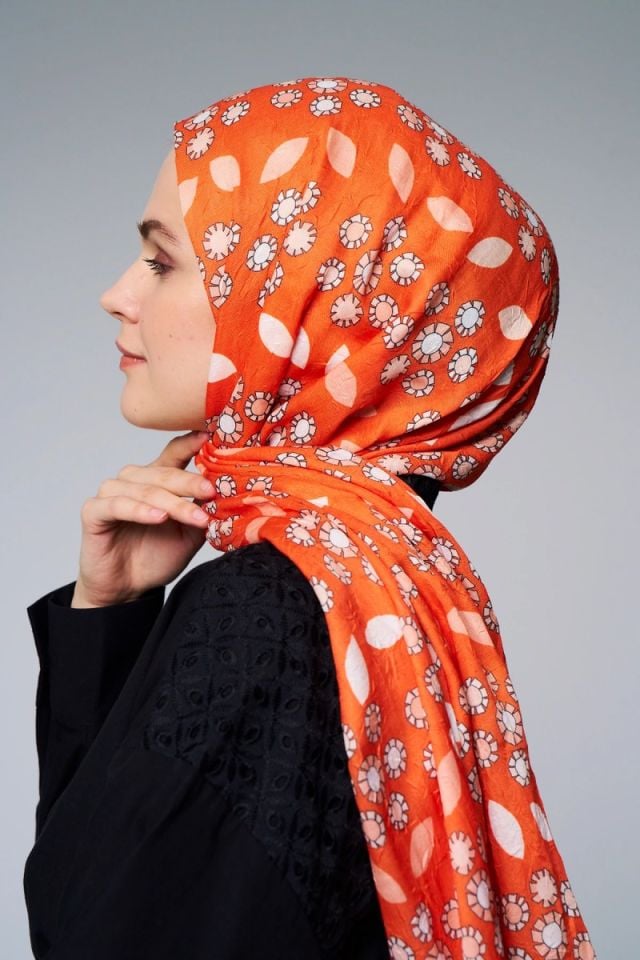 Damla Çiçek Desen Bambu Şal - Turuncu