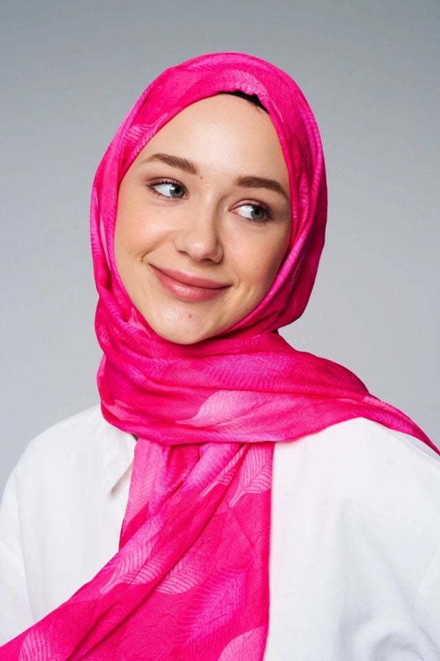 Yaprak Desen Bambu Şal - Fuşya