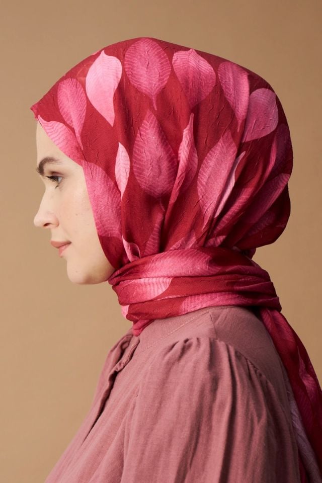 Yaprak Desen Bambu Şal - Kırmızı