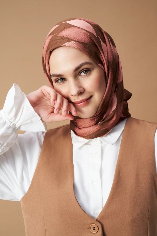 Yaprak Desen Bambu Şal - Tarçın