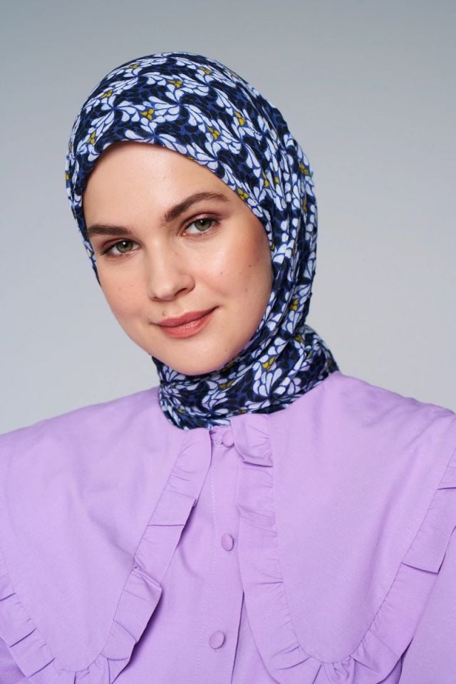 Çark Çiçek Desen Bambu Eşarp - Lacivert Sarı