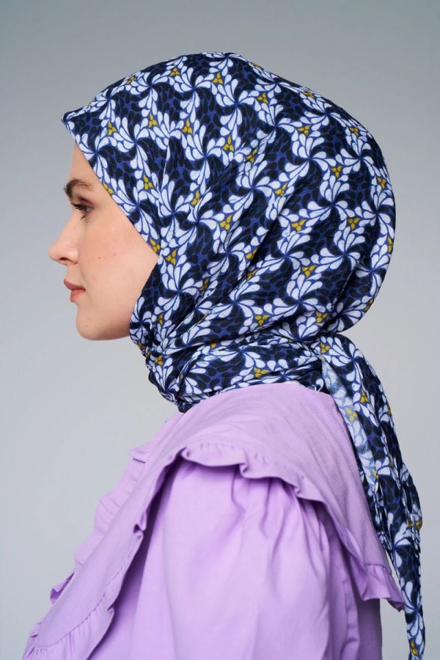 Çark Çiçek Desen Bambu Eşarp - Lacivert Sarı