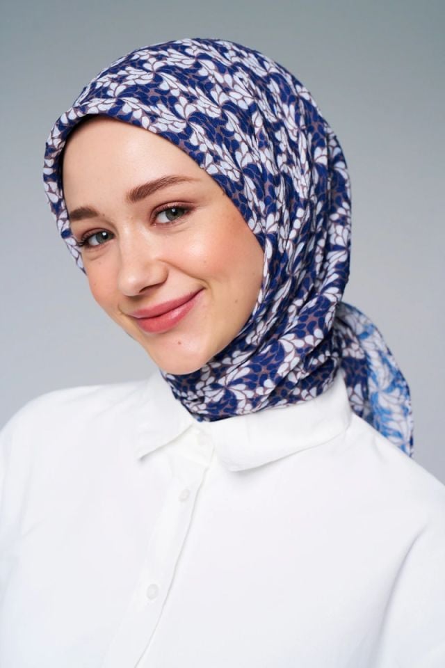 Çark Çiçek Desen Bambu Eşarp - Lacivert Tozlu Kahve