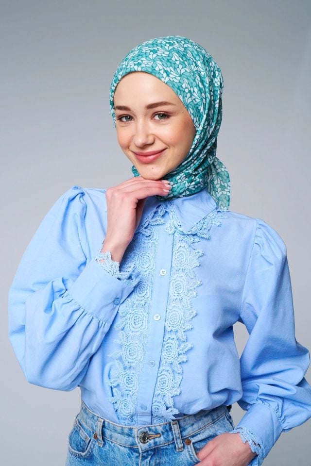 Çark Çiçek Desen Bambu Eşarp - Soft Yeşil