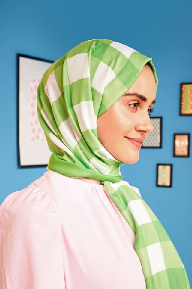 Ekose Desen Pamuk Şal - Yeşil