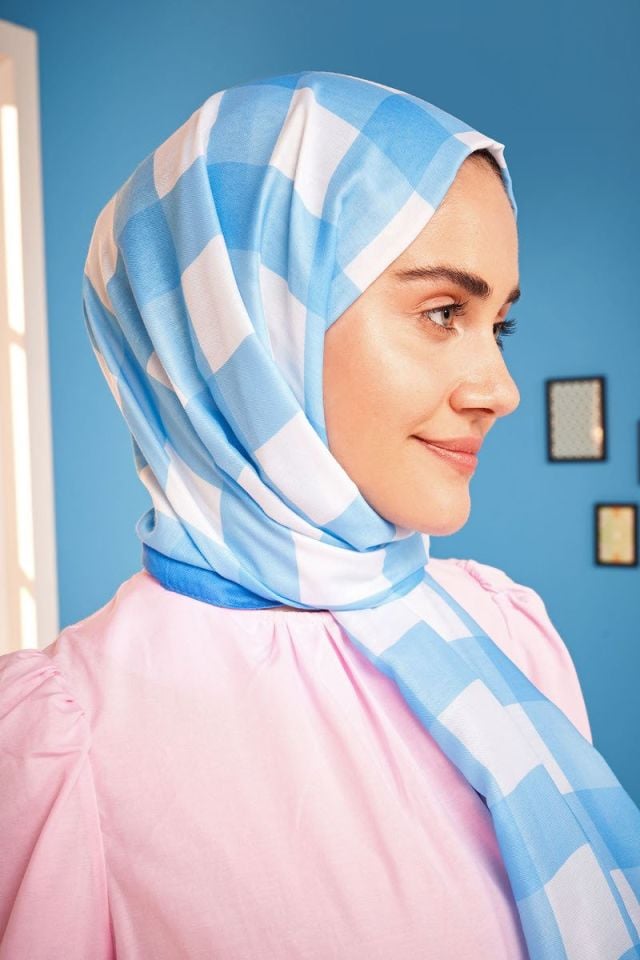 Ekose Desen Pamuk Şal - Mavi