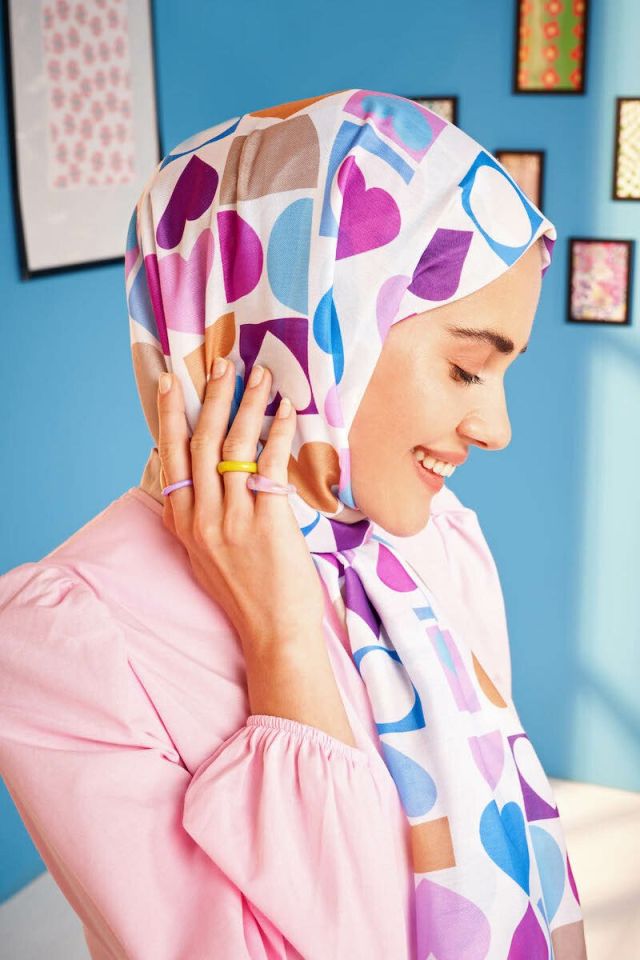 Kalp Desen Pamuk Şal - Mavi