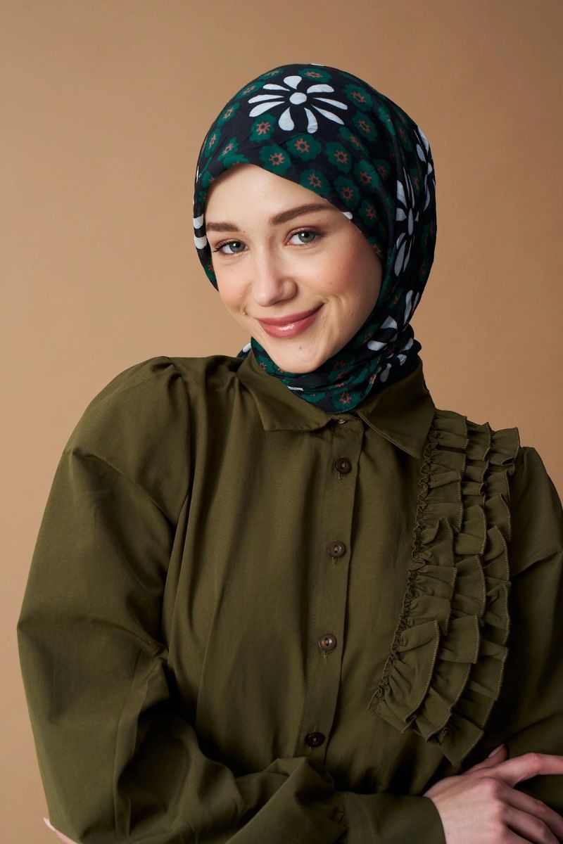 Vintage Papatya Desen Bambu Eşarp - Siyah Yeşil