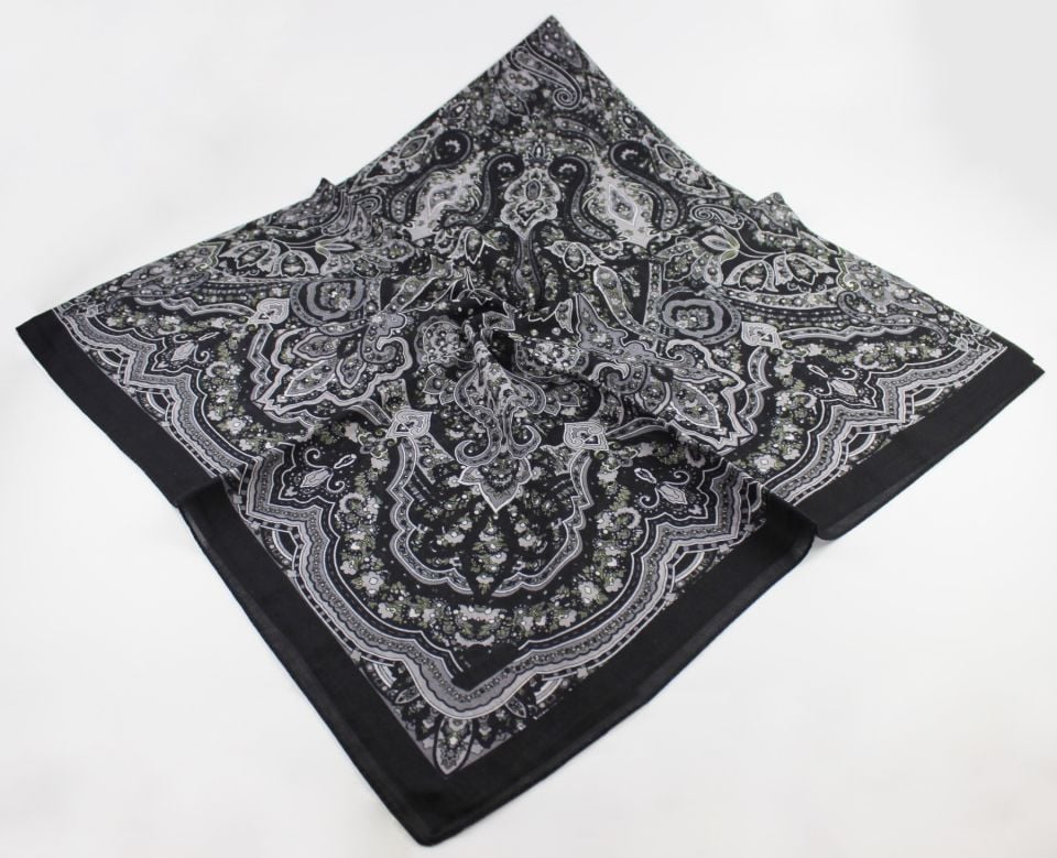 120x120 Etnik Desenli Pamuklu Vintage Eşarp - Koyu Gri