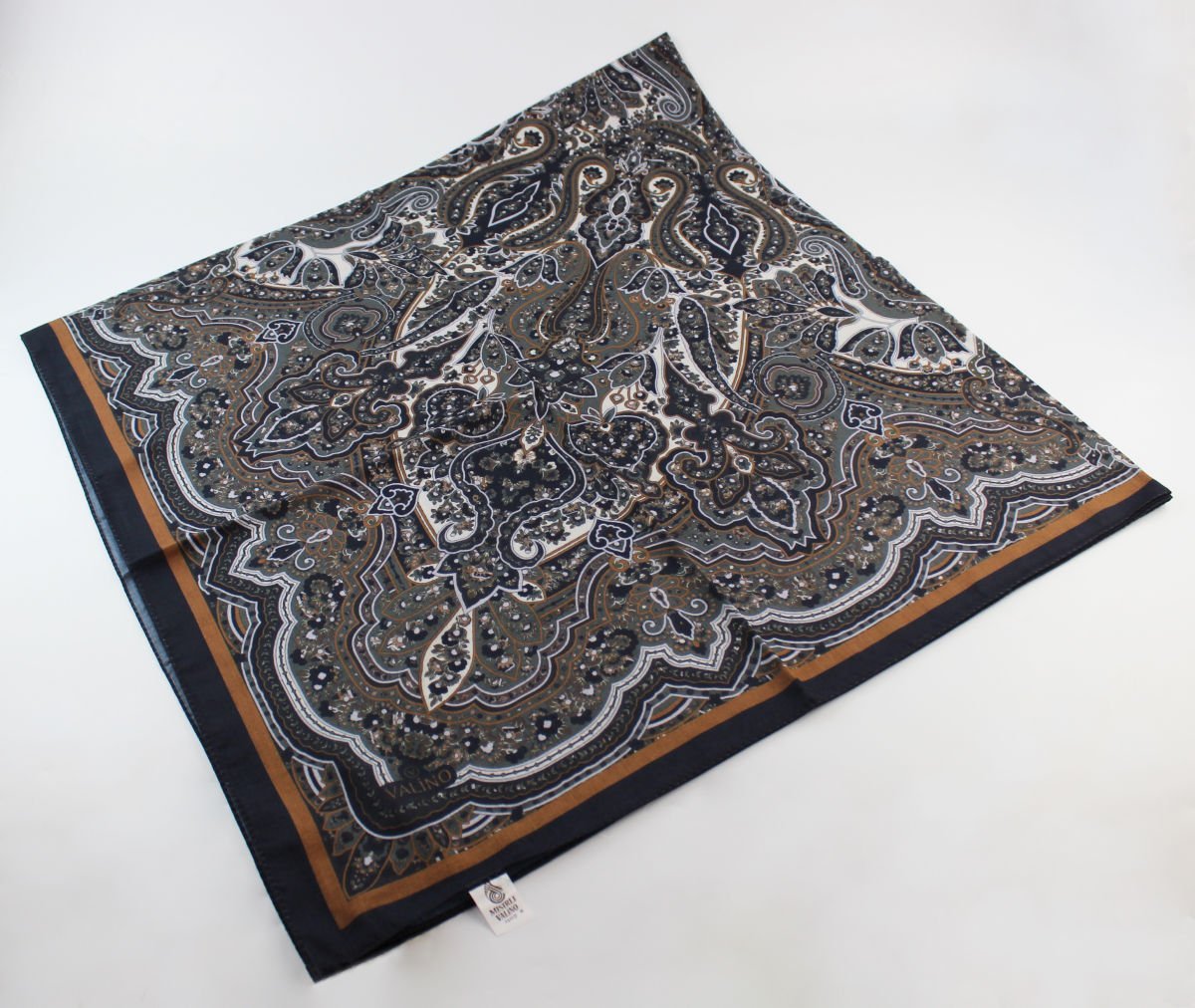 120x120 Etnik Desenli Pamuklu Vintage Eşarp - Koyu Gri Hardal