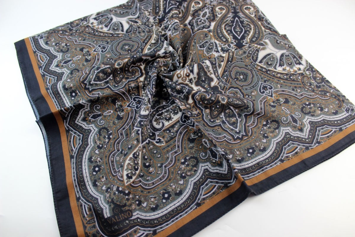 120x120 Etnik Desenli Pamuklu Vintage Eşarp - Koyu Gri Hardal