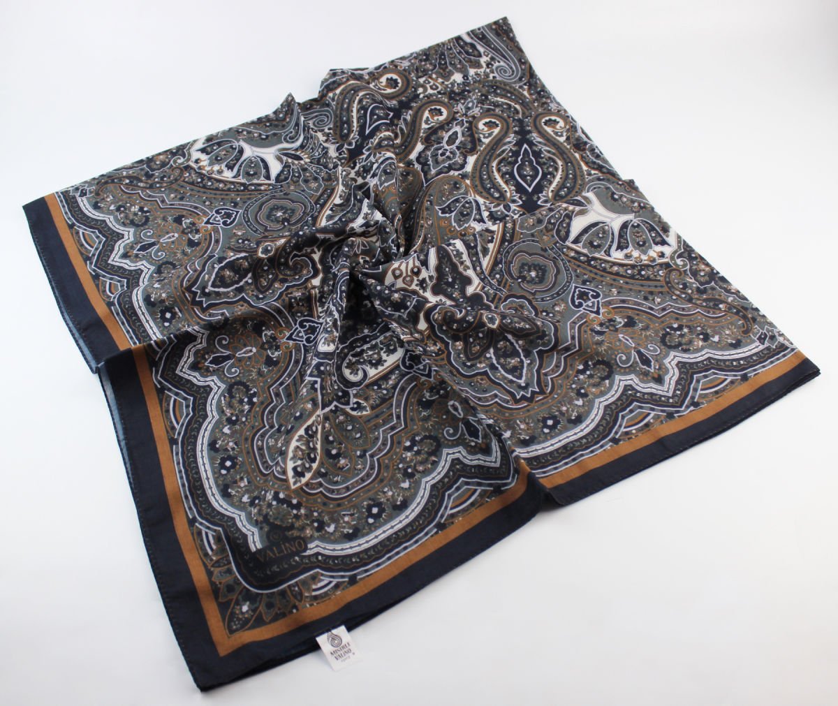 120x120 Etnik Desenli Pamuklu Vintage Eşarp - Koyu Gri Hardal