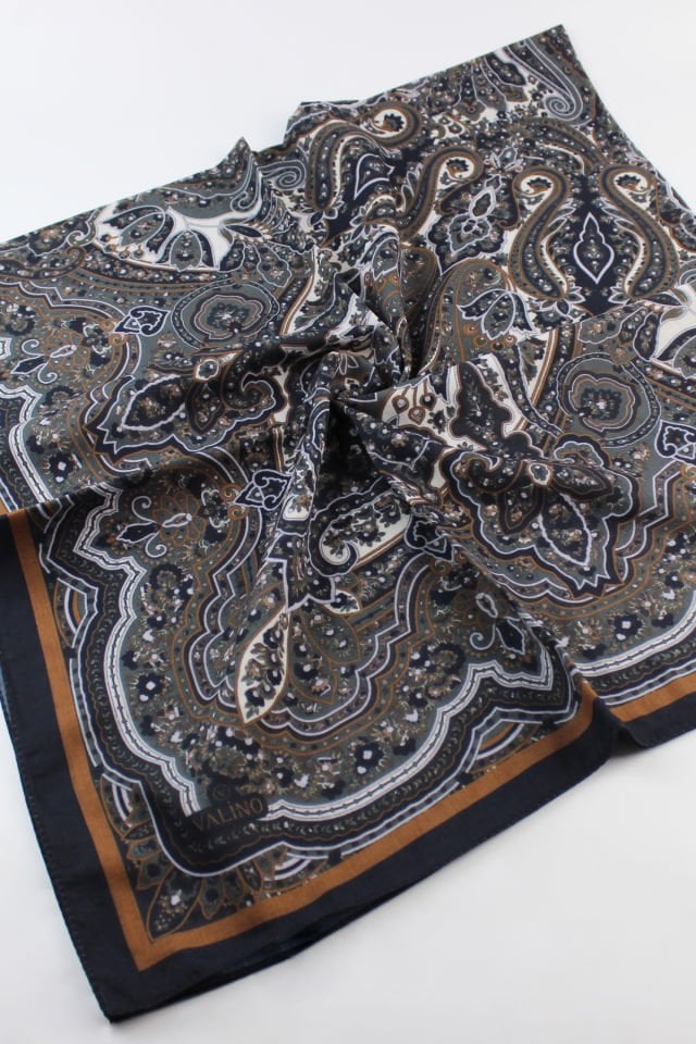 120x120 Etnik Desenli Pamuklu Vintage Eşarp - Koyu Gri Hardal