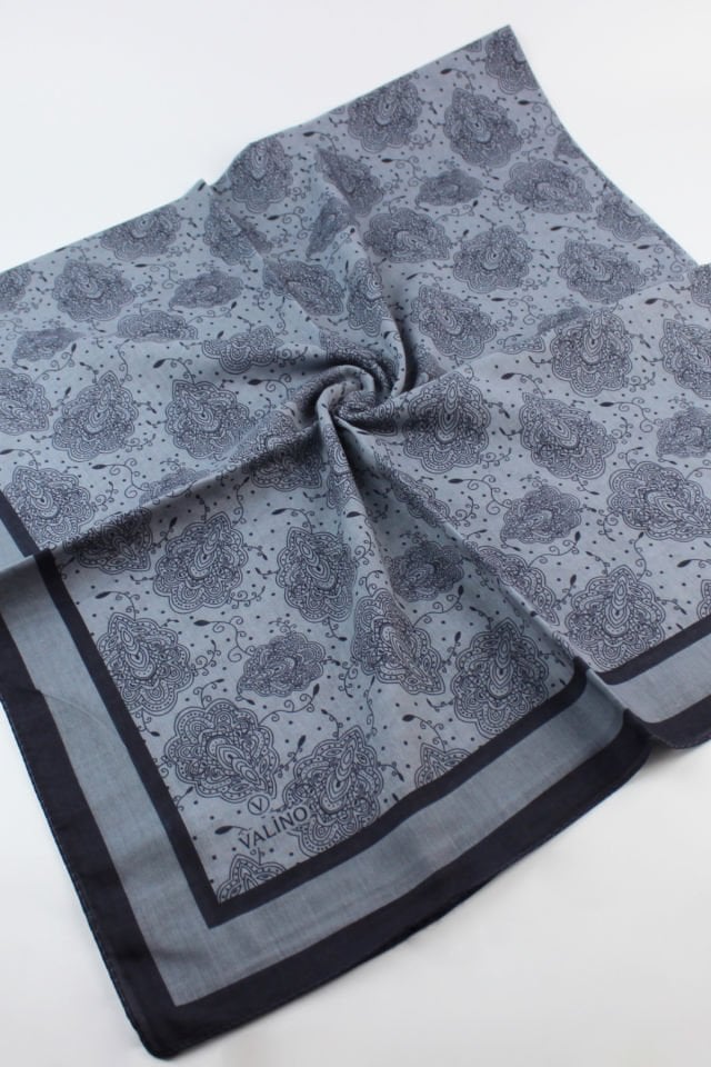 120x120 Yaprak Desenli Pamuklu Eşarp - Mavi Gri