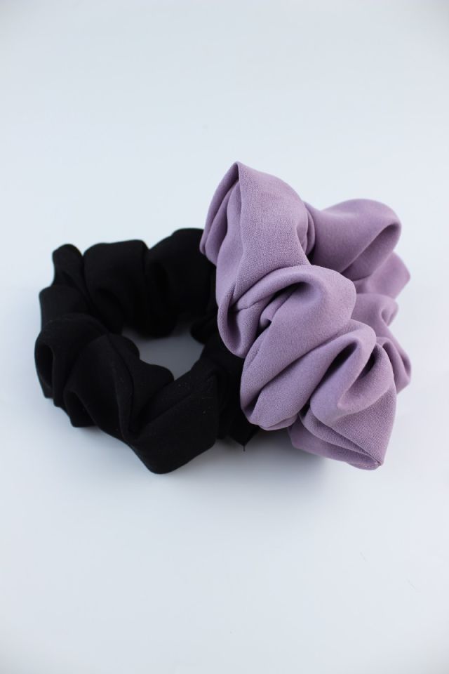 İkili Yumuşak Krep Kumaş Lastik Toka Seti Simit Toka - Siyah, Lila