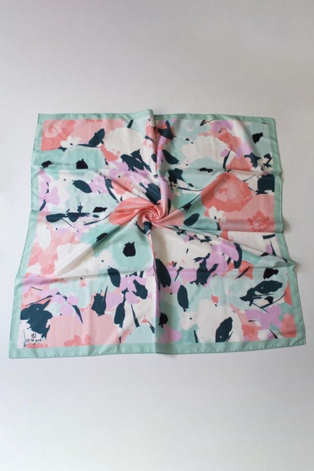 Çiçek Desenli Pamuk Eşarp - Mint