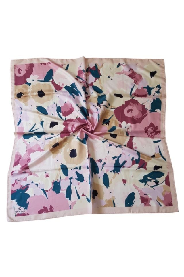 Çiçek Desenli Pamuk Eşarp - Pudra