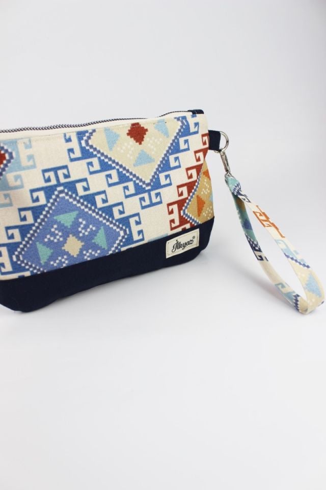 Kilim Desenli Çok İşlevli Lacivert El Çantası, Cüzdanı