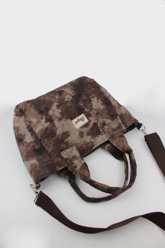 Kamuflaj Desenli Kanvas Kahverengi Fermuar Kapamalı Kadın El, Kol ve Omuz Çantası 38x24x12 Cm