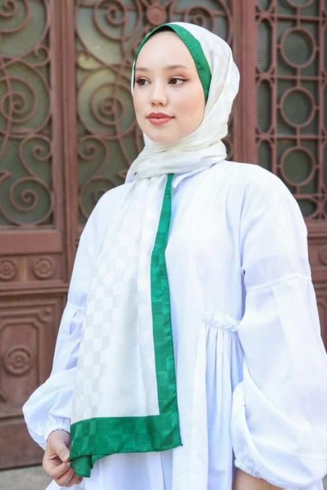 Hint İpek Dama Desen Monogram Şal - Beyaz