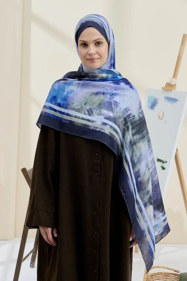 Ashira Desen Bambu Şal - Lacivert