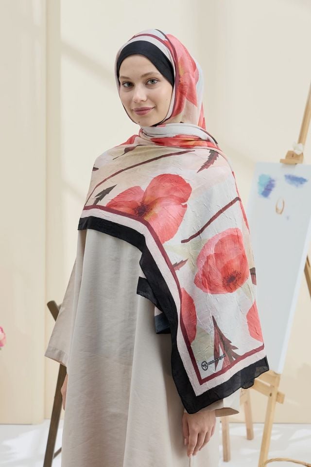 Gelincik Desen Bambu Şal - Siyah Bej