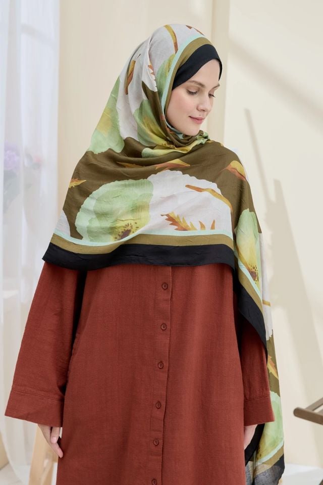 Gelincik Desen Bambu Şal - Yağ Yeşili