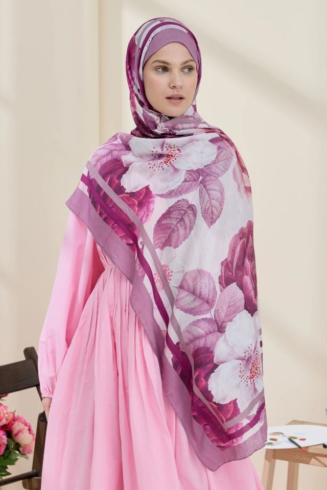 Gül Desen Bambu Şal - Gül Kurusu