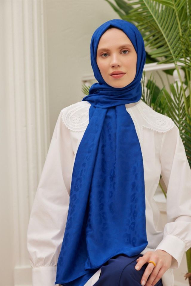 Leopar Desenli İtalyan Jakar Şal - Saks