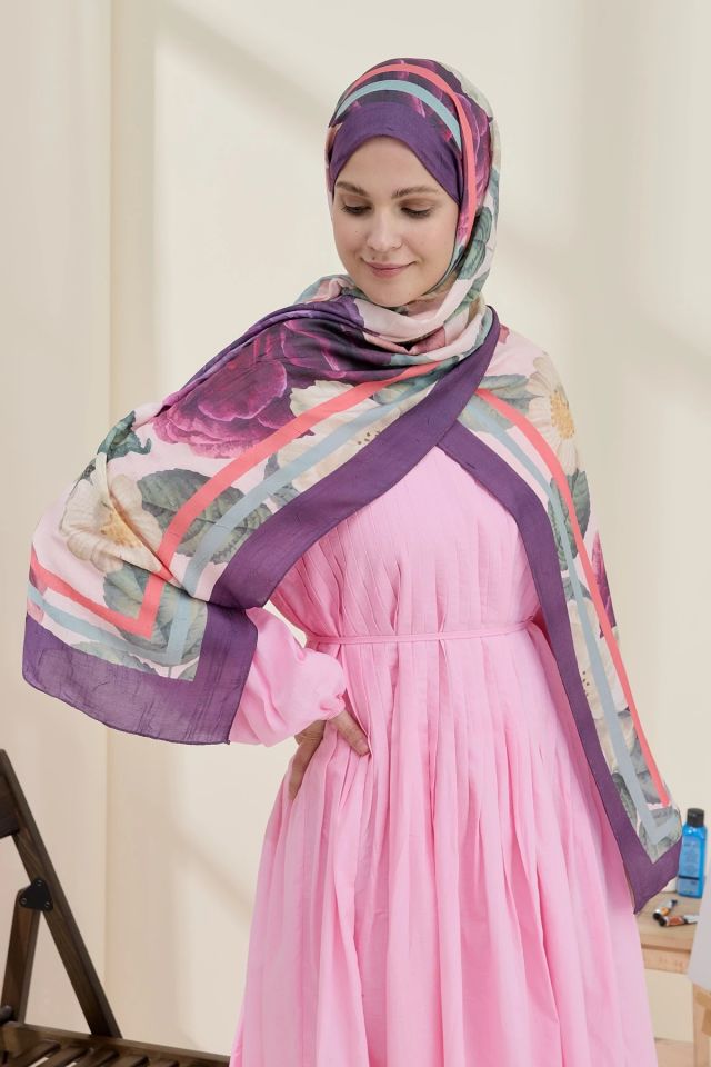 Gül Desen Bambu Şal - Mürdüm