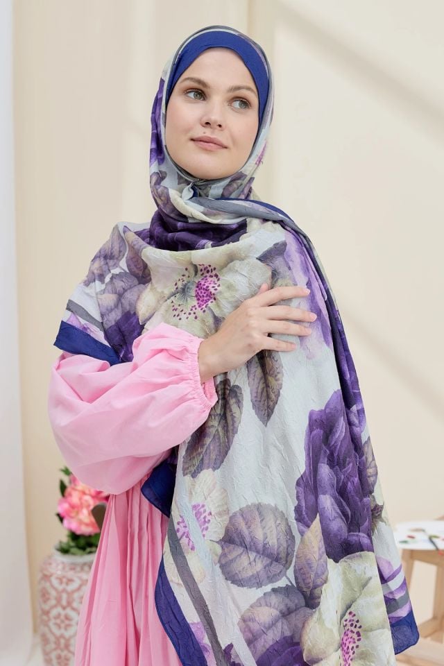 Gül Desen Bambu Şal - Saks