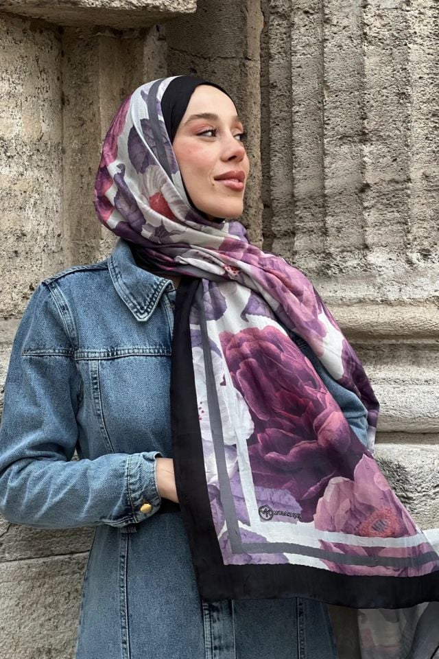 Gül Desen Bambu Şal - Siyah Mürdüm