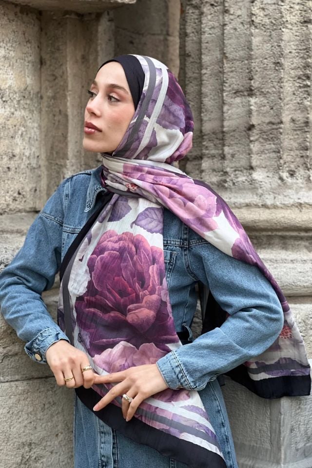 Gül Desen Bambu Şal - Siyah Mürdüm