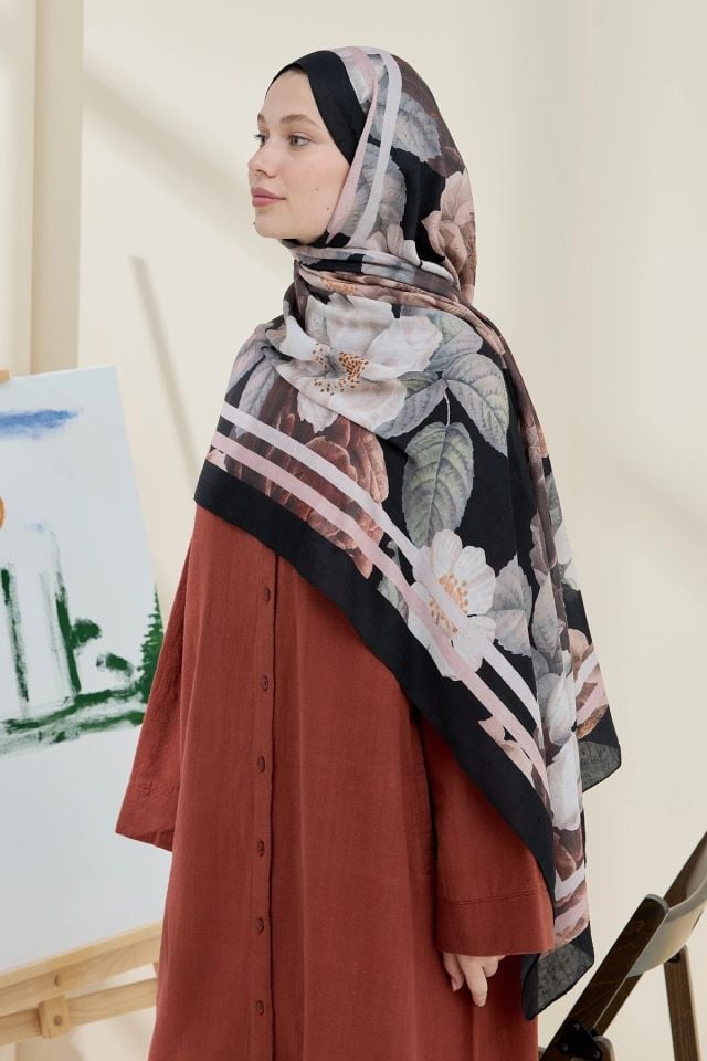 Gül Desen Bambu Şal - Siyah Pudra
