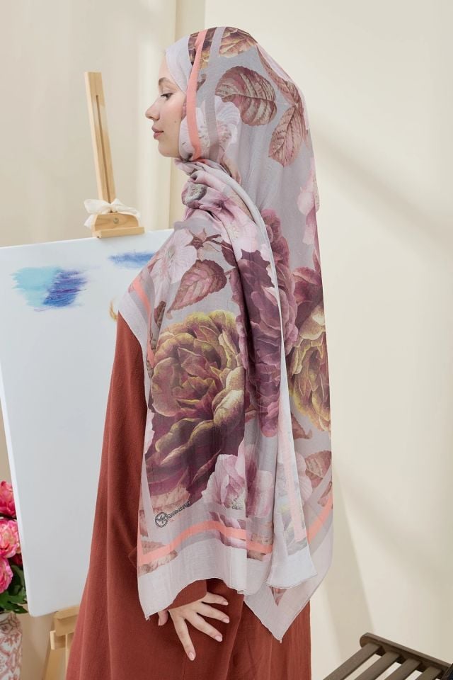 Gül Desen Bambu Şal - Taş