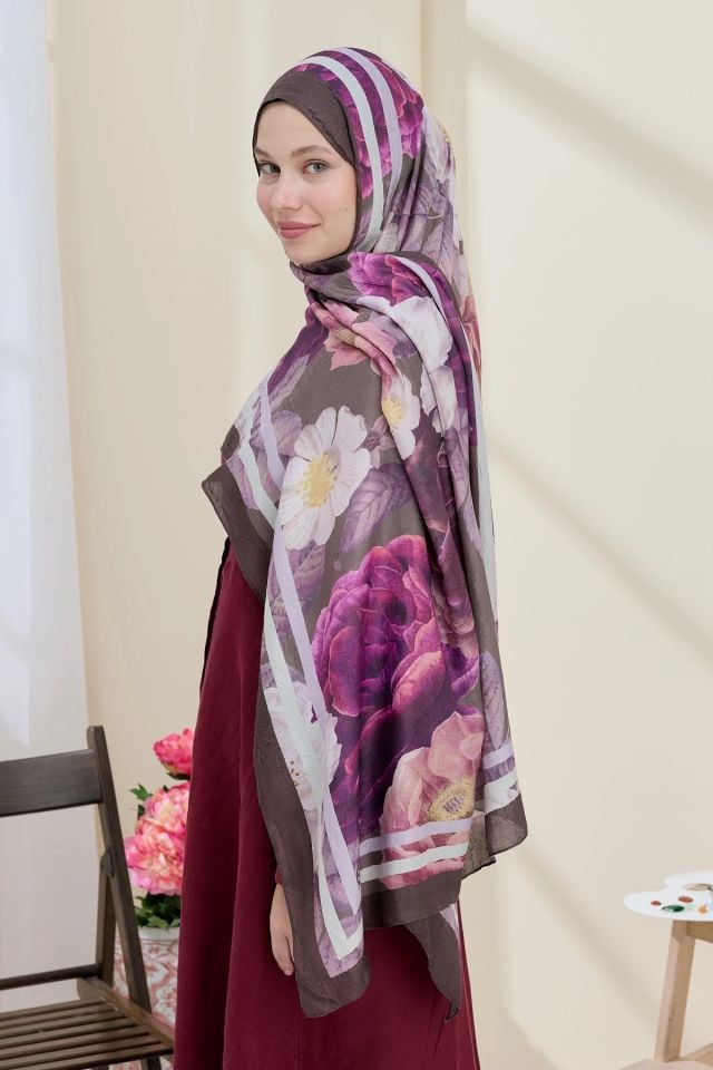 Gül Desen Bambu Şal - Tozlu Kahve