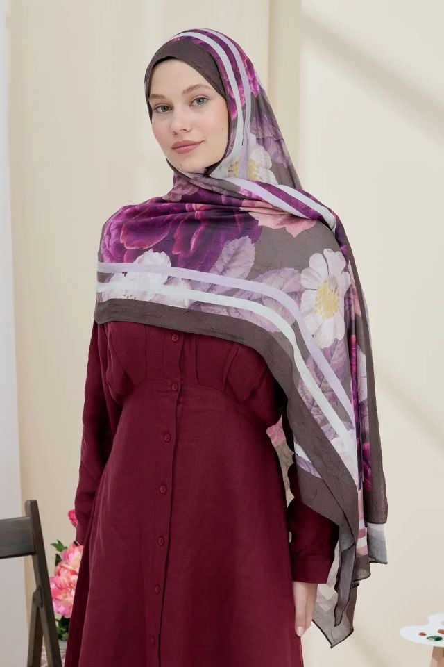 Gül Desen Bambu Şal - Tozlu Kahve