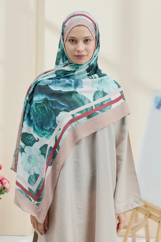 Gül Desen Bambu Şal - Vizon
