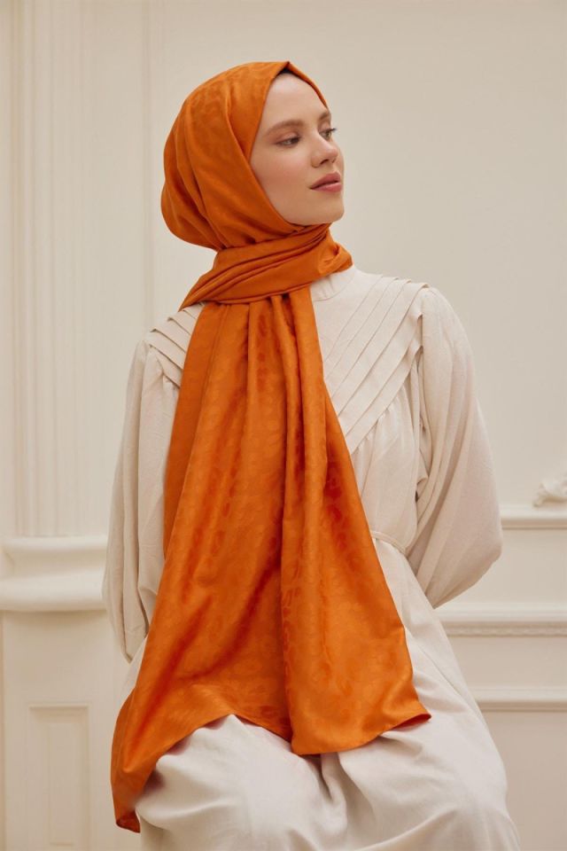 Leopar Desenli İtalyan Jakar Şal - Turuncu