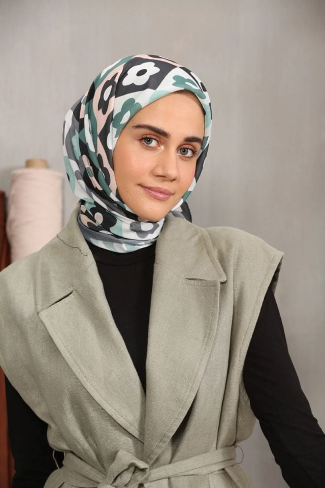 Modakaşmir Çiçek Desenli Soft Pamuk Eşarp - Siyah