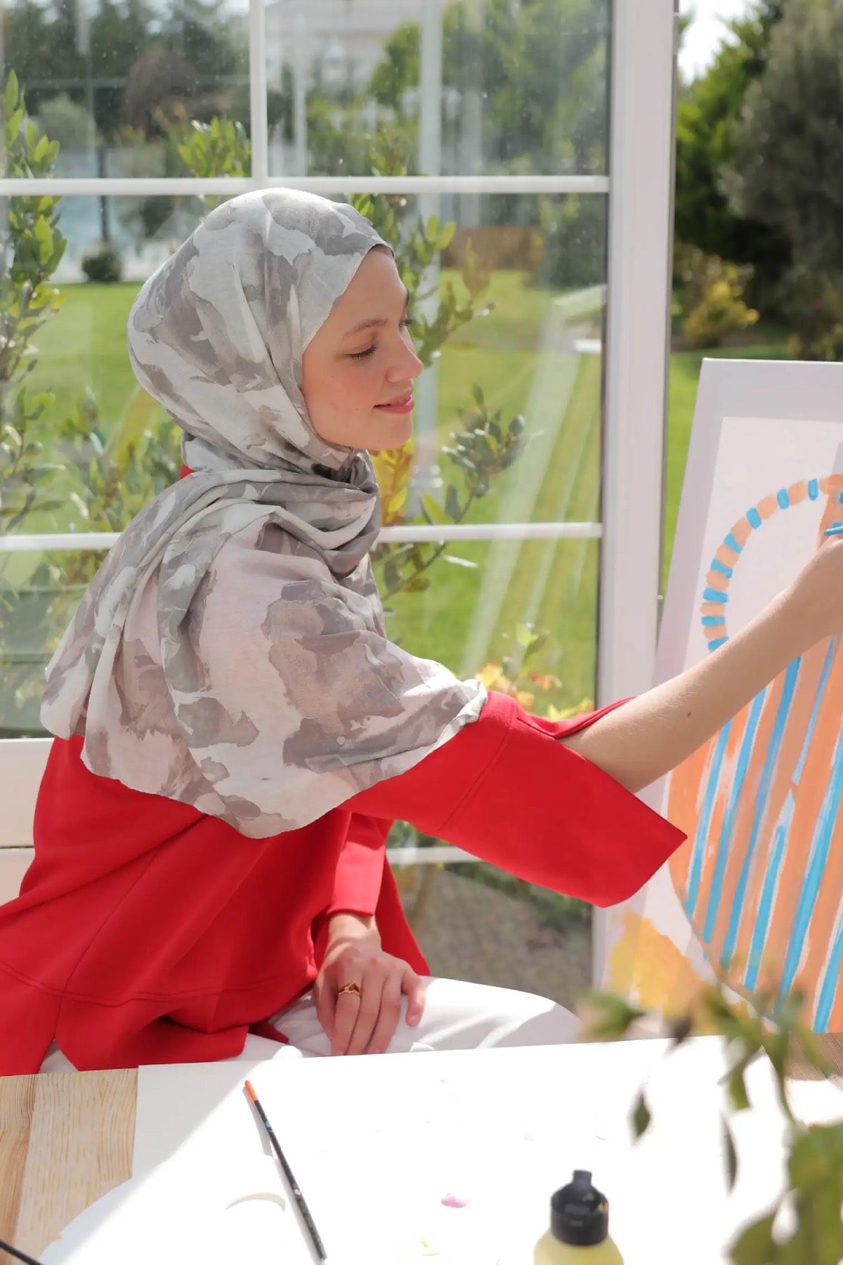 Watercolor Abstract Desen Bambu Şal - Taş