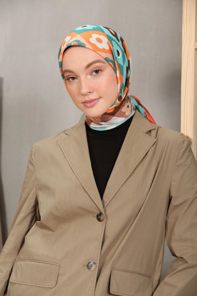 Modakaşmir Çiçek Desenli Soft Pamuk Eşarp - Kiremit