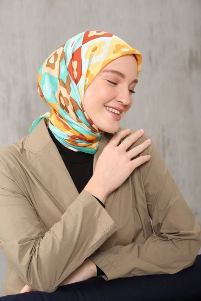 Modakaşmir Çiçek Desenli Soft Pamuk Eşarp - Nil Yeşili