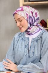 Modakaşmir Çiçek Desenli Soft Pamuk Eşarp - Lila