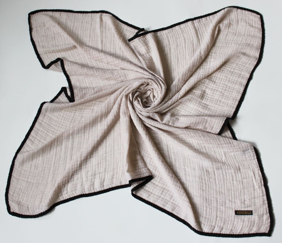 Müslin Biyeli Eşarp - Bej, Siyah